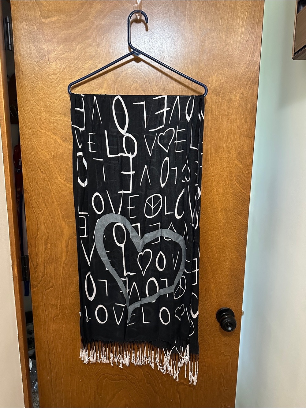 Black 'Love' Graphic Fringe Scarf